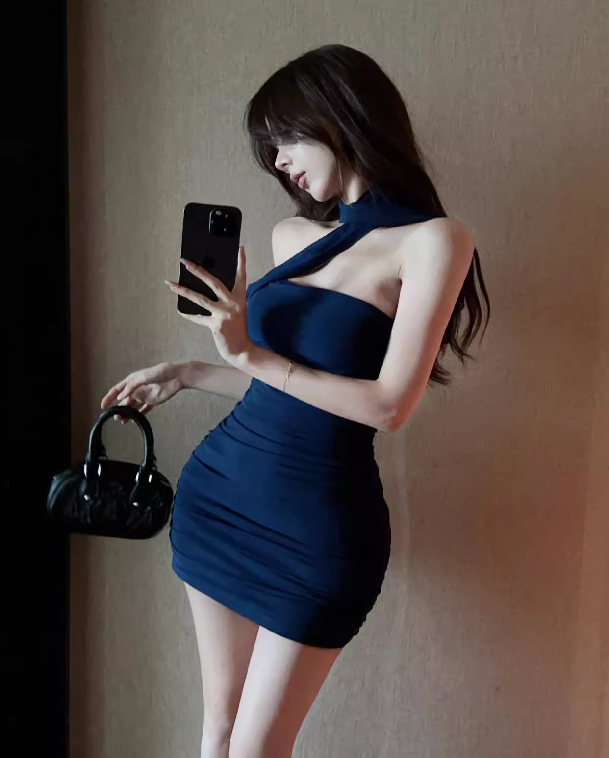 Sexy Fashion Navy Blue Backless Slim Halter Dress AP0246
