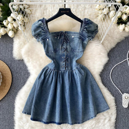 Women Simple Elegant Denim Dress With Puff Sleeves And Lace-up AP00208