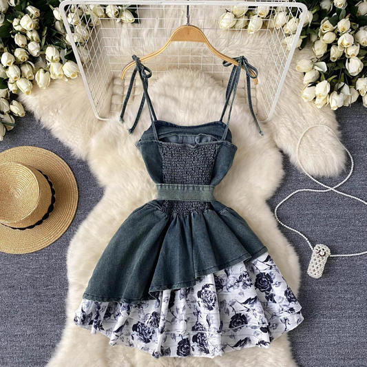 New Fashion Denim Floral Dress With Adjustable Spaghetti Straps AP00222