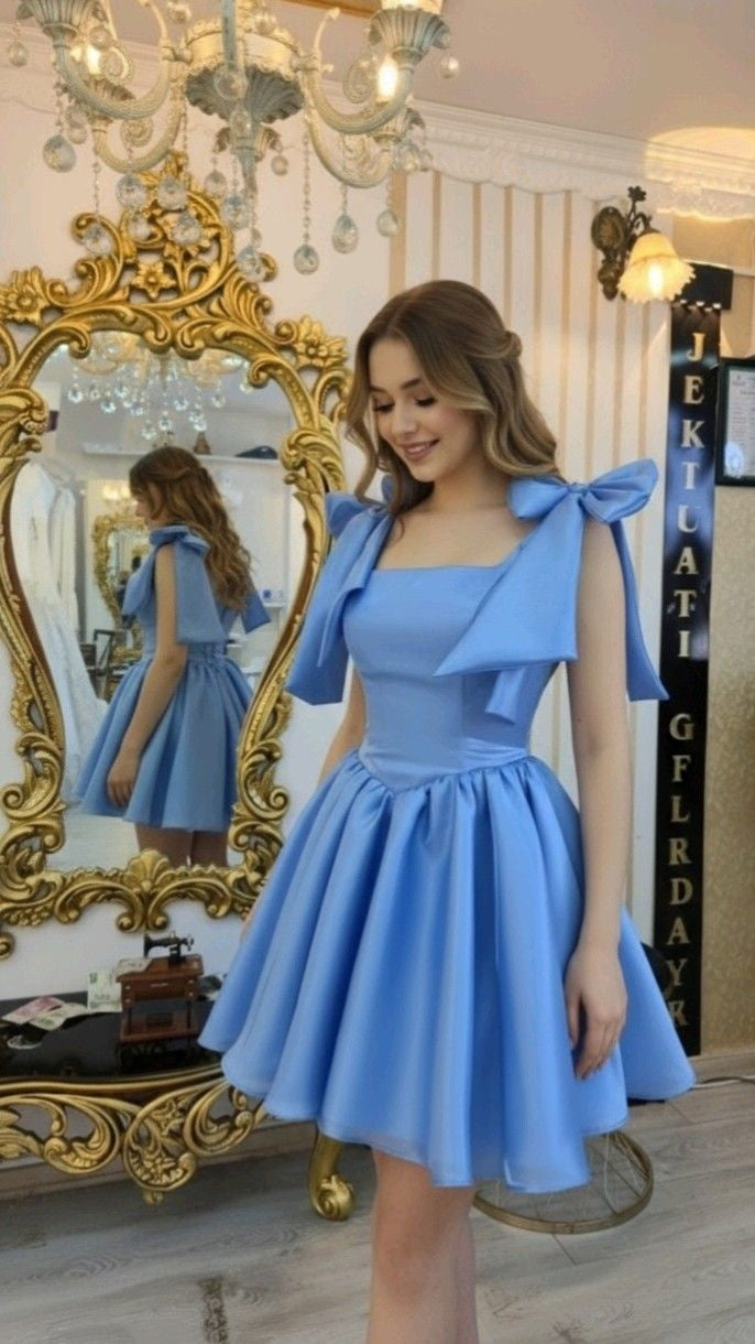 Chic Blue Square A-Line Short Homecoming Dress With Bows Straps AS560