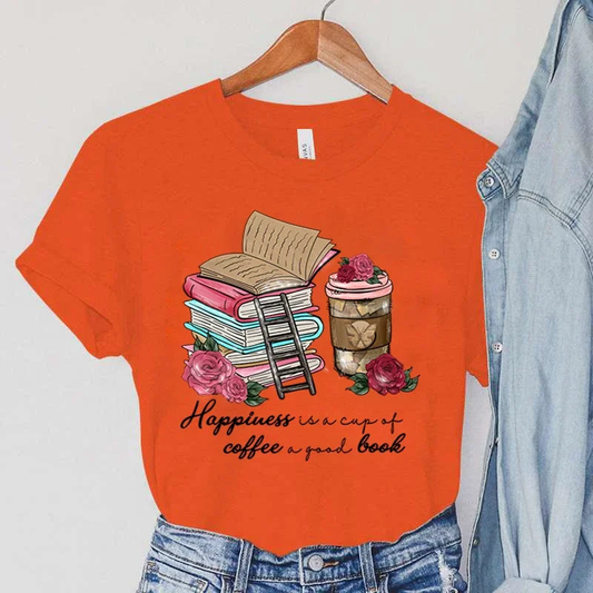 Women Happiness Coffee And Book Lover Graphic Tee New Fashion Simple T-shirt AP000167