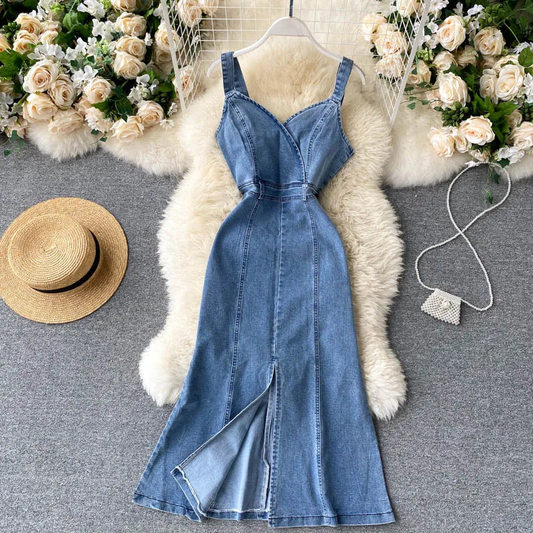 Simple Fashion Denim Sleeveless Midi Dress With Slit AP00212