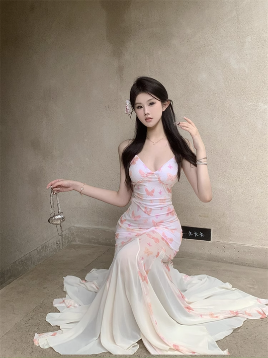New Stylish Women Pink Butterfly Mermaid Spaghetti Strap Dress AP0260