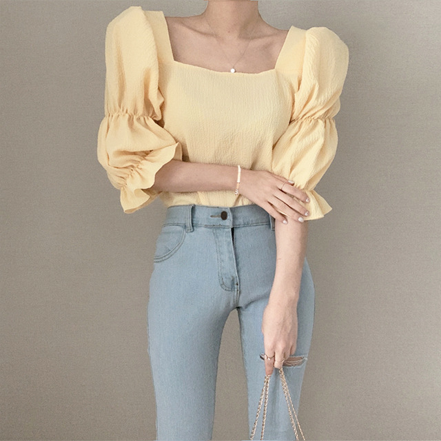 New Vintage Sexy Women Pleated Top Smocked Square Neck Collar Puff Sleeve Tops Blouse AP000195