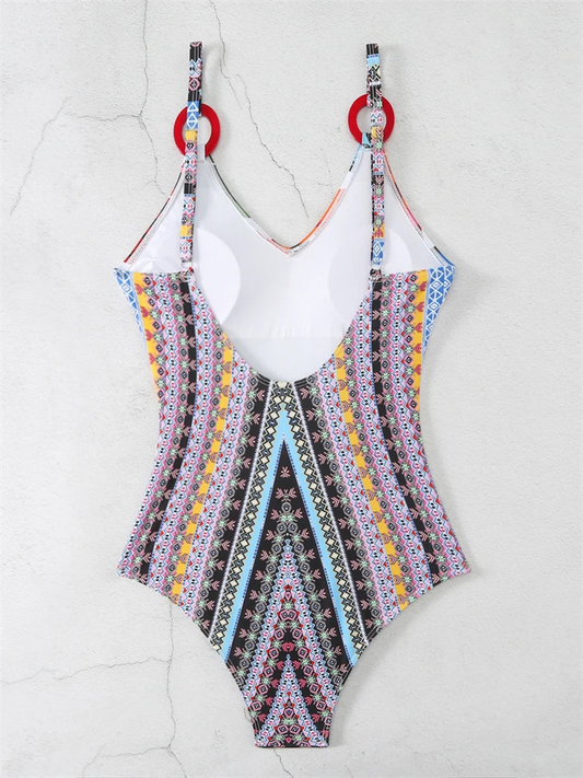 Simple Fashion Women Tropical Print One-piece Swimsuit With Ring Detail AP000148