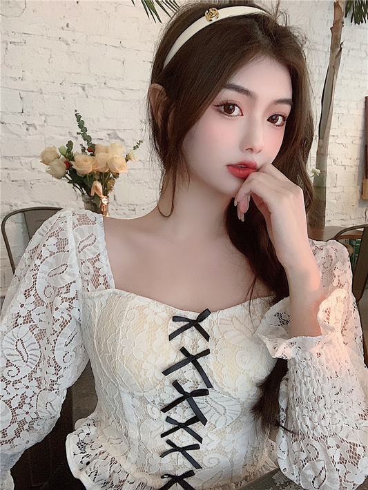 New Fashion Palace Style Temperament Women Lotus Leaf Waist Lace Square Collar Sweet Bowknot Puff Sleeve Crop Bustier Top Blouse AP000194