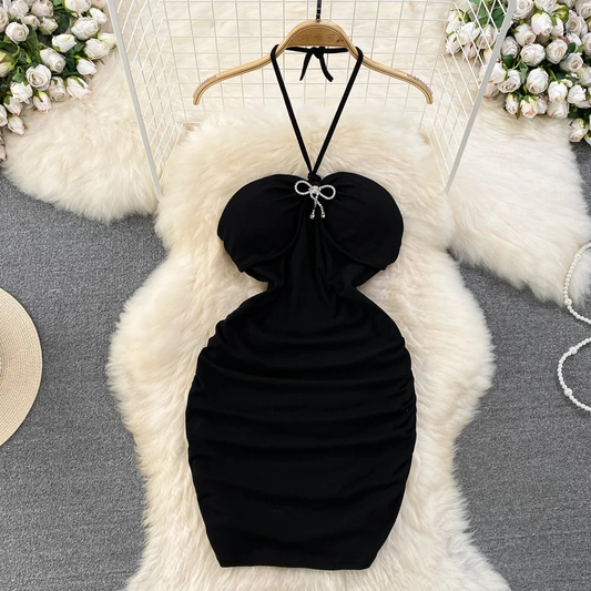 Women Pink Halter Neck Mini Dress With Bow Detail Simple Fashion AP00206