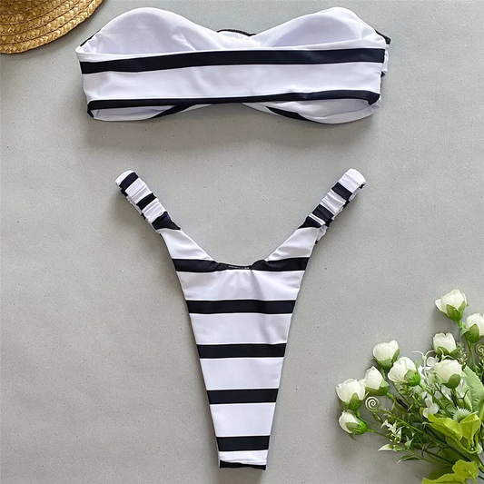Simple Fashion Black And White Striped Bandeau Bikini Set Swimsuit AP000138