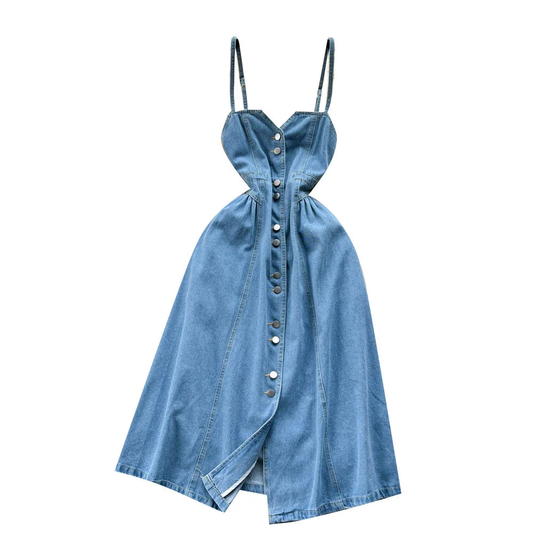 Women Sleeveless Denim Button-down Midi Sun Dress AP00211