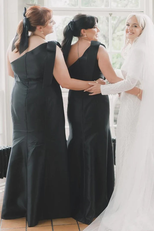 Elegant Black Satin One Shoulder Long Sheath Bridesmaid Dress AB001