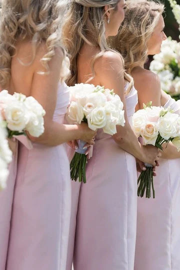 Sleek Light Pink Strapless Satin Pleated Mermaid Bridesmaid Dress With Big Bow AB003