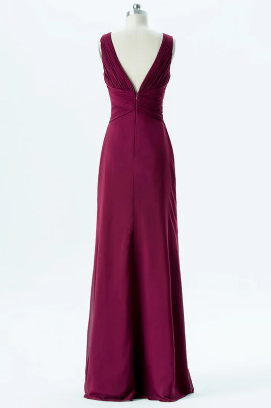 Classic Burgundy Sleeveless Deep V Backless Cross Ruched A-Line Long Bridesmaid Dress AB005