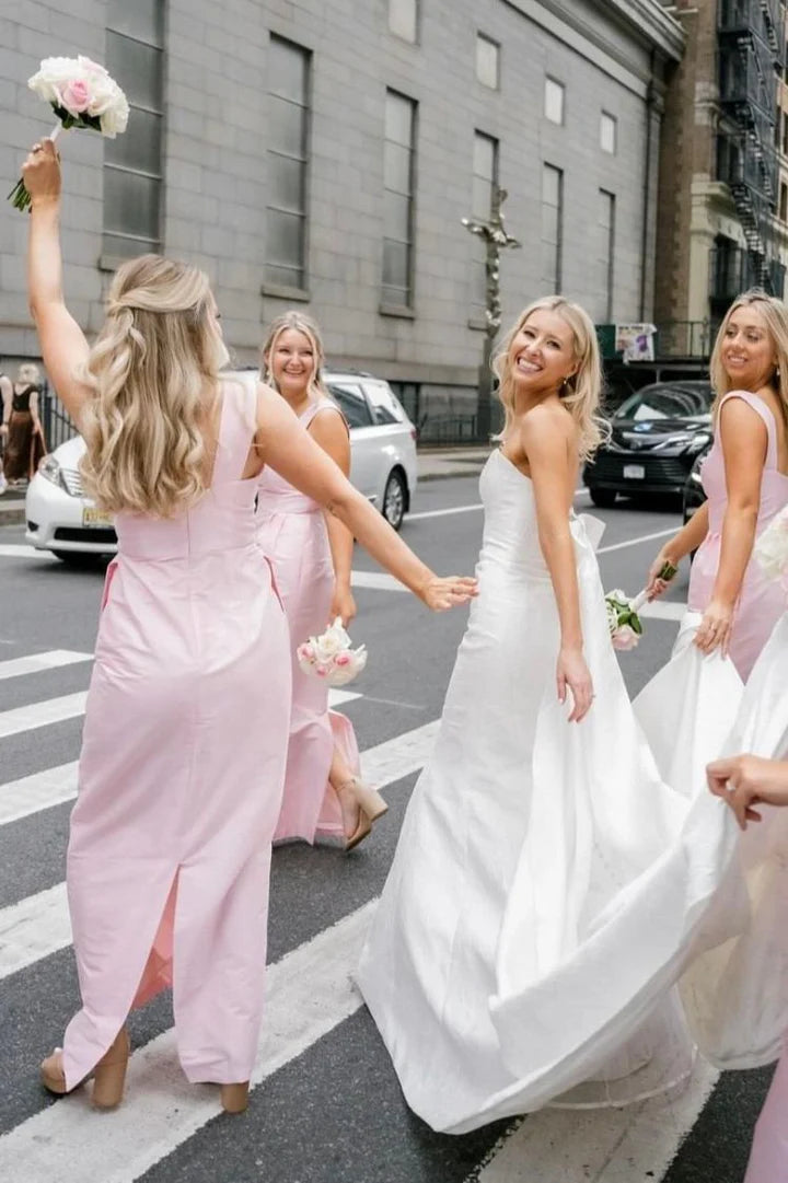 Sleek Light Pink Wide Strap Square Neck Satin Mermaid Long Bridesmaid Dress AB006