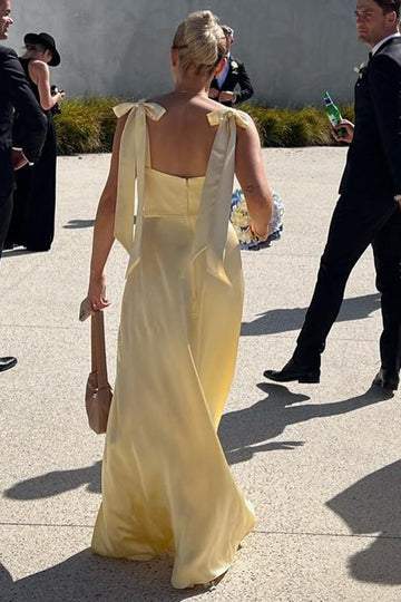 Elegant Light Yellow Tie Bows Straps Satin Sheath Long Bridesmaid Dress With High Side Slit AB009