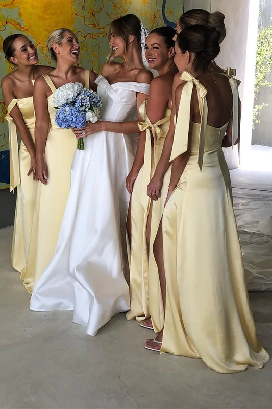 Elegant Light Yellow Tie Bows Straps Satin Sheath Long Bridesmaid Dress With High Side Slit AB009