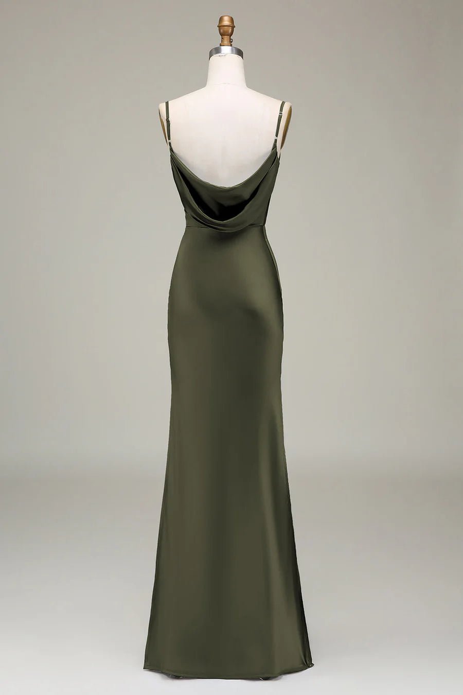 Sleek Dusty Blue Spaghetti Strap Cowl Neck Satin Mermaid Long Bridesmaid Dress With Side Slit AB012