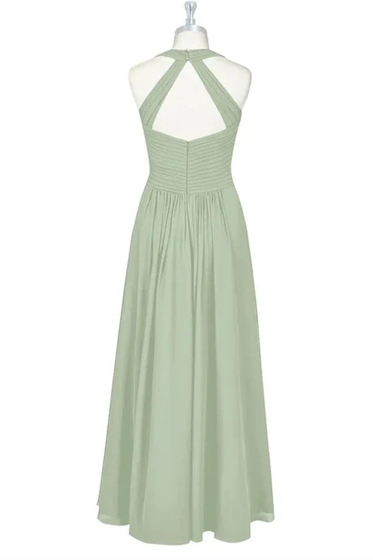 Elegant Sage Halter Cross Ruched A Line Long Bridesmaid Dress AB014
