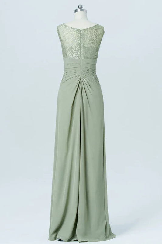 Delicate Sage Asymmetrical Boat Neck Cap Sleeve Floral Lace Bodice Chiffon A Line Long Bridesmaid Dress With Side Vertical Ruffle AB015