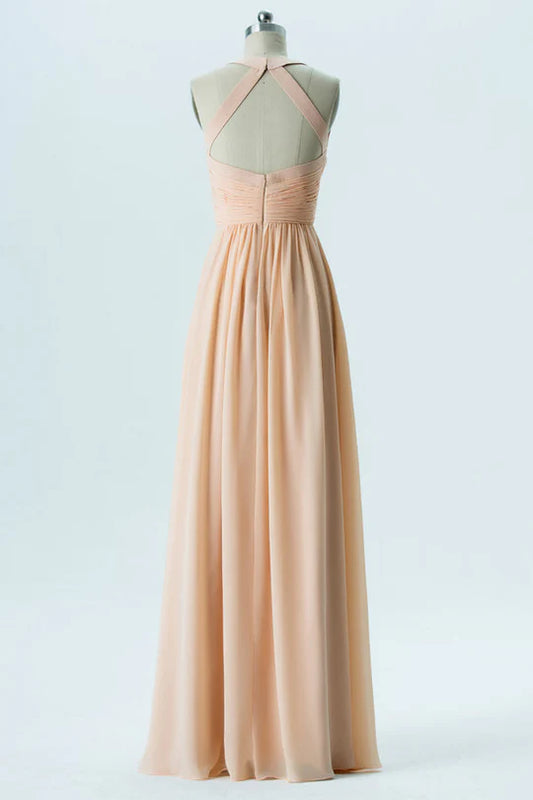 Sleek Blush Wide Strap Sweetheart Cross Ruched Chiffon A Line Long Bridesmaid Dress AB016
