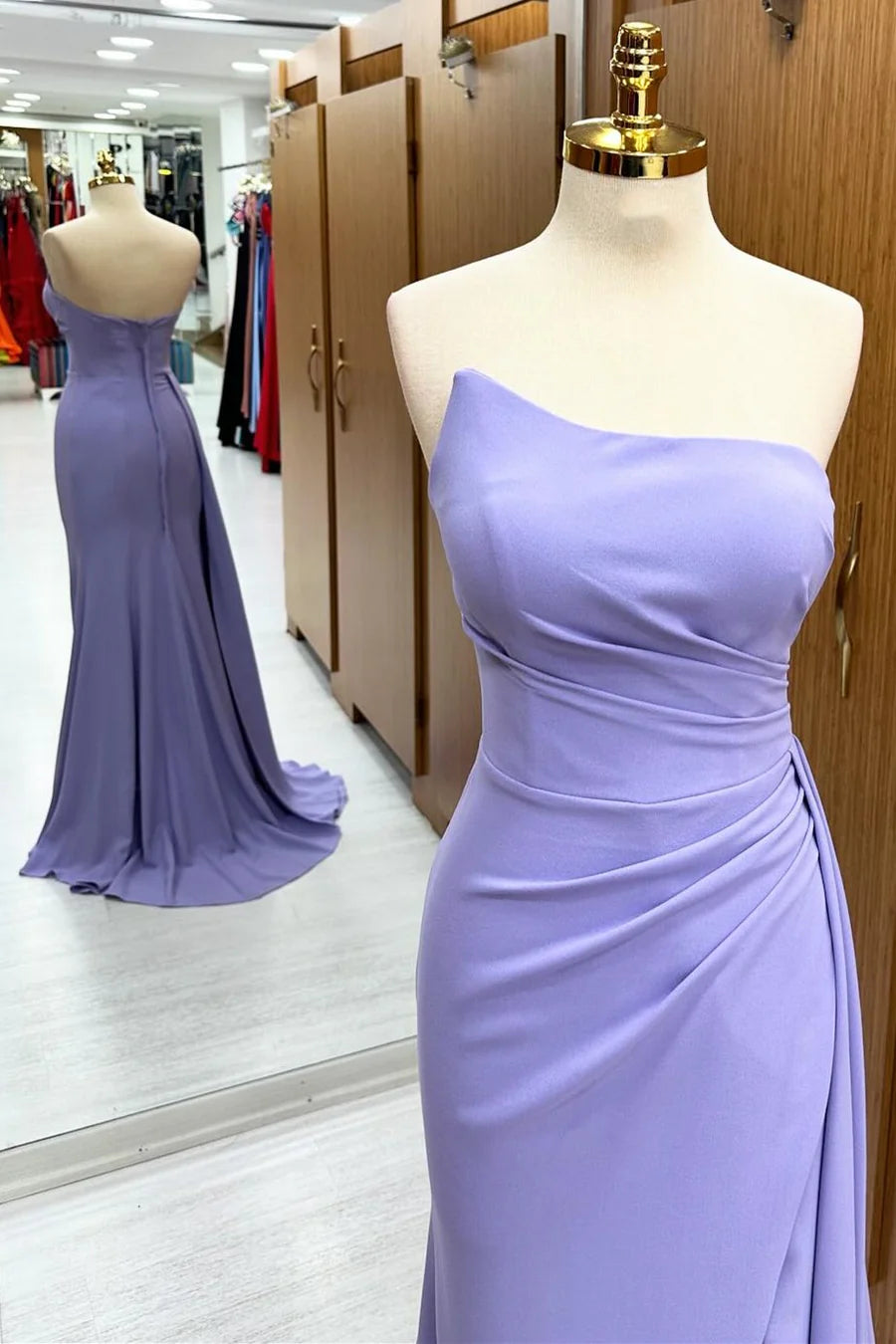 Rich Navy Strapless Twist Ruched Long Mermaid Bridesmaid Dress High Side Slit Sweep Train AB021