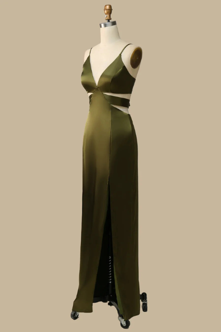 Rich Olive Deep V Cutout Waist Spaghetti Strap Satin Long Mermaid Bridesmaid Dress High Side AB022