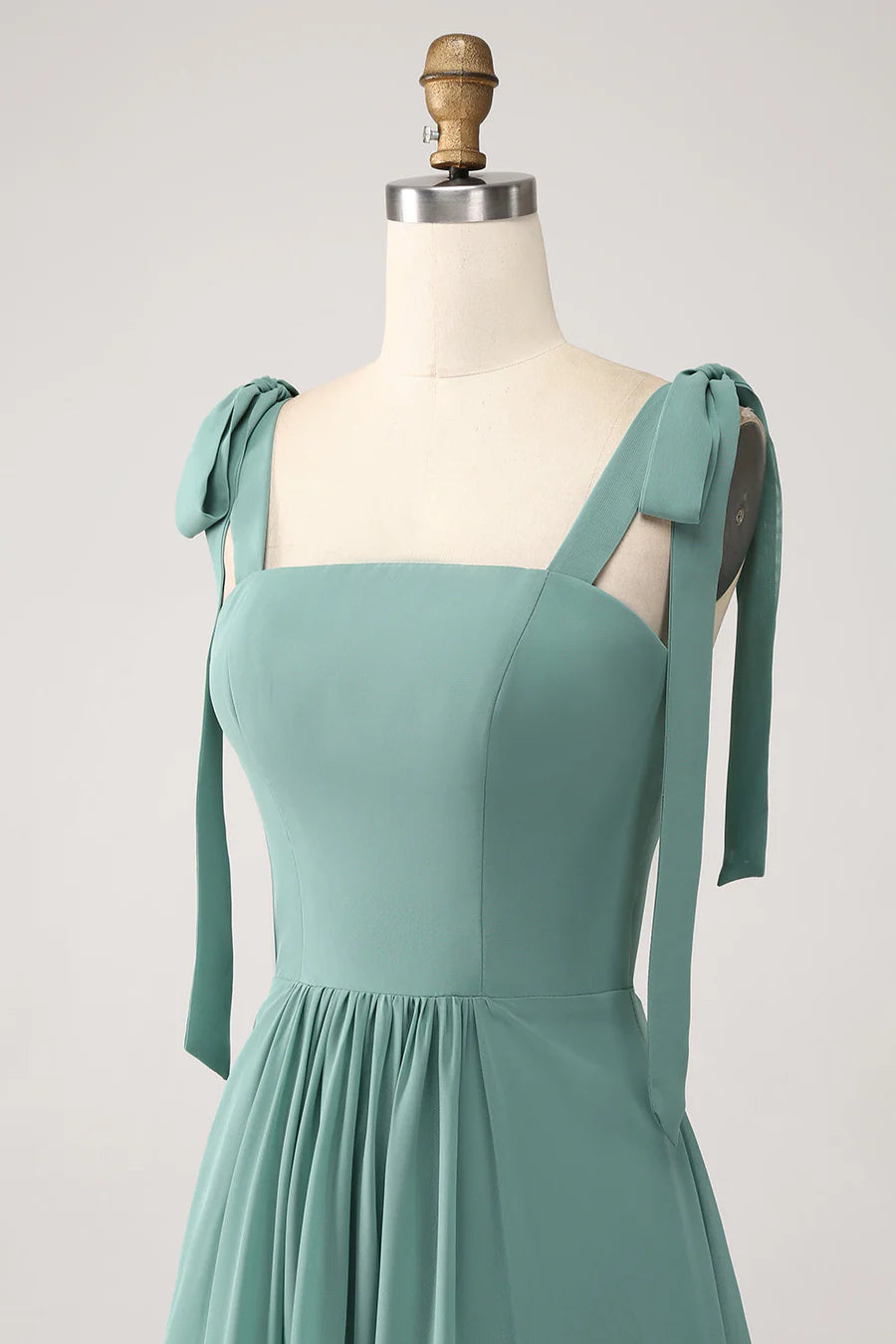 Romantic Sage Square Wide Tie Straps A Line Long Ruffle Hem Bridesmaid Dress AB023