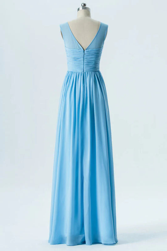 Soft Sky Sleeveless Illusion Round Neck Bust Ruched Chiffon A Line Bridesmaid Dress AB027