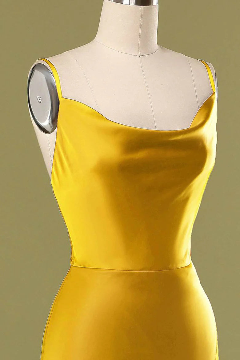 Sleek Marigold Spaghetti Straps Cowl Neck Satin Mermaid Long Bridesmaid Dress High Side Slit AB028
