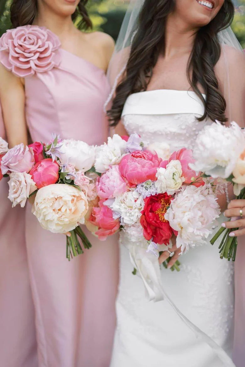 Romantic Dusty Pink 3D Floral One Shoulder Satin Mermaid Long Bridesmaid Dress AB030