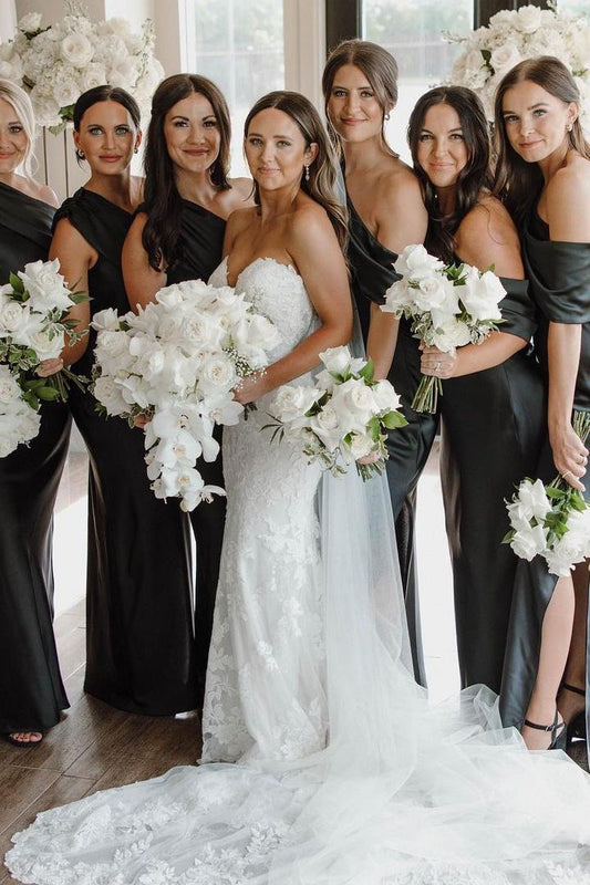 Sleek Black One Shoulder Satin Mermaid Long Bridesmaid Dress Side Slit AB033