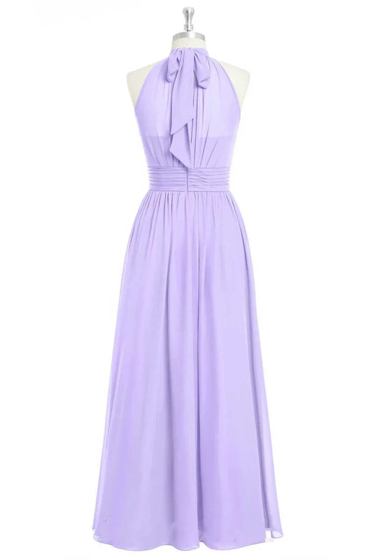 Soft Lavender High Halter Neck Pleated Bust Ruched Waist Chiffon A Line Long Bridesmaid Dress AB035
