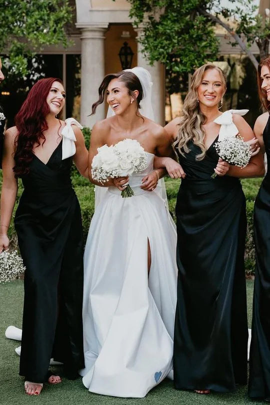 Classic Black Spaghetti Straps Deep V Satin Mermaid Long Bridesmaid Dress With Oversized White Shoulder Bow And High Side Slit AB037