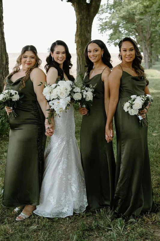 Muted Olive Spaghetti Straps Draped Cowl Neck Satin Long Mermaid Bridesmaid Dress AB042