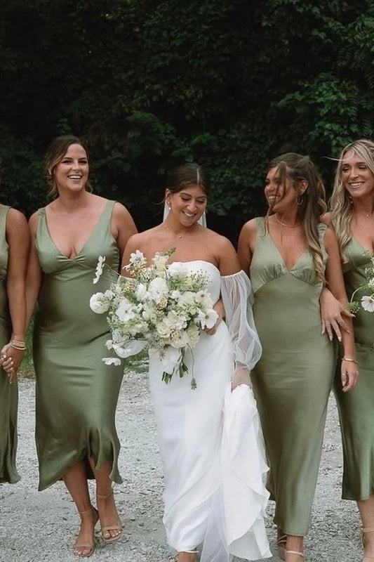Soft Sage Straps Deep V Satin Ankle Length Mermaid Bridesmaid Dress AB048