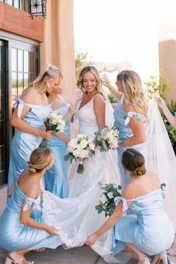 Fresh Sky Blue Off The Shoulder Bow Satin Mermaid Long Bridesmaid Dress Side Slit AB049