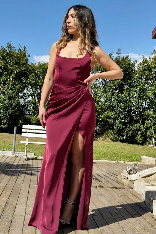 Rich Burgundy Square Neck Wide Straps Side Asymmetrical Ruched Satin Mermaid Long Bridesmaid Dress High Slit AB052