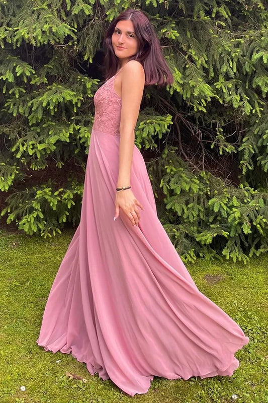 Romantic Dusty Pink Spaghetti Straps Lace V Bodice Flowy A-Line Chiffon Long Bridesmaid Dress AB054