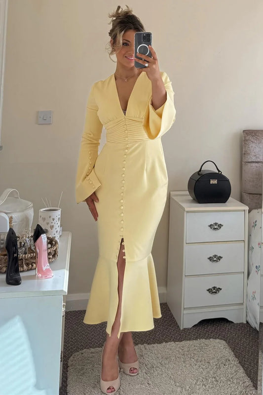 Soft Yellow Deep V Neck Bell Long Sleeve Ruched Waist Button Front High Slit Mermaid Midi Bridesmaid Dress Wedding Guest Dress AB057