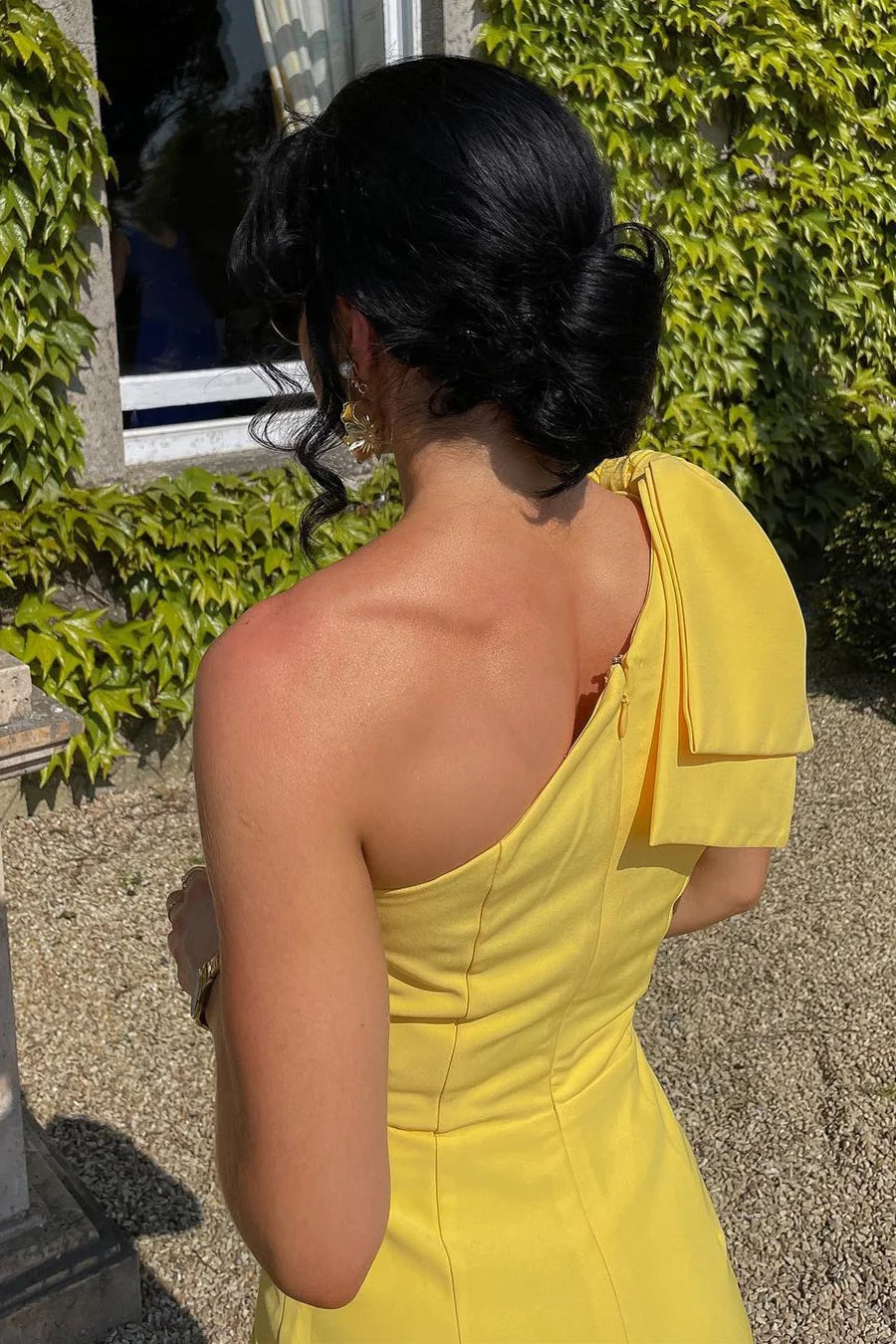 Vibrant Yellow One Shoulder Large Bow Asymmetrical Ruffle Mermaid Midi Wedding Guest Dress Bridesmaid Dress AB058