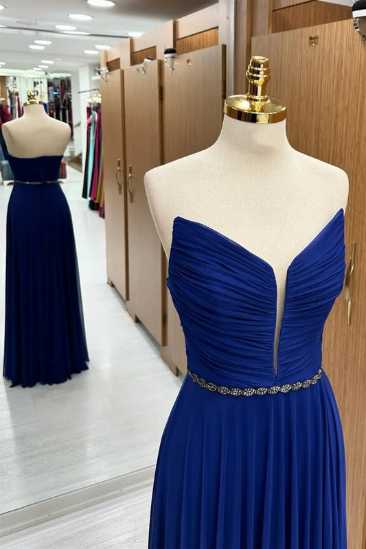 Rich Royal Blue Strapless Chiffon A Line Long Wedding Guest Dress With Beaded Sash Bridesmaid Dress AB060