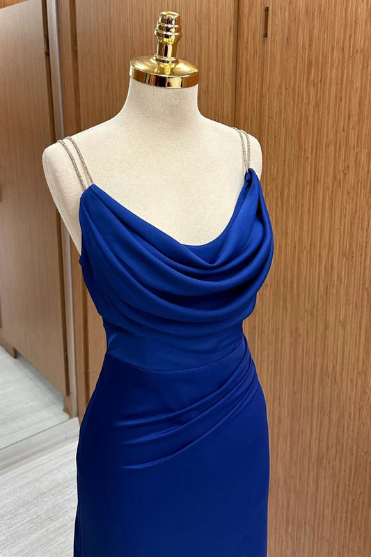 Rich Royal Blue Beaded Spaghetti Straps Cowl Neck Side Draped Ruched High Slit Satin Mermaid Long Bridesmaid Dress AB063