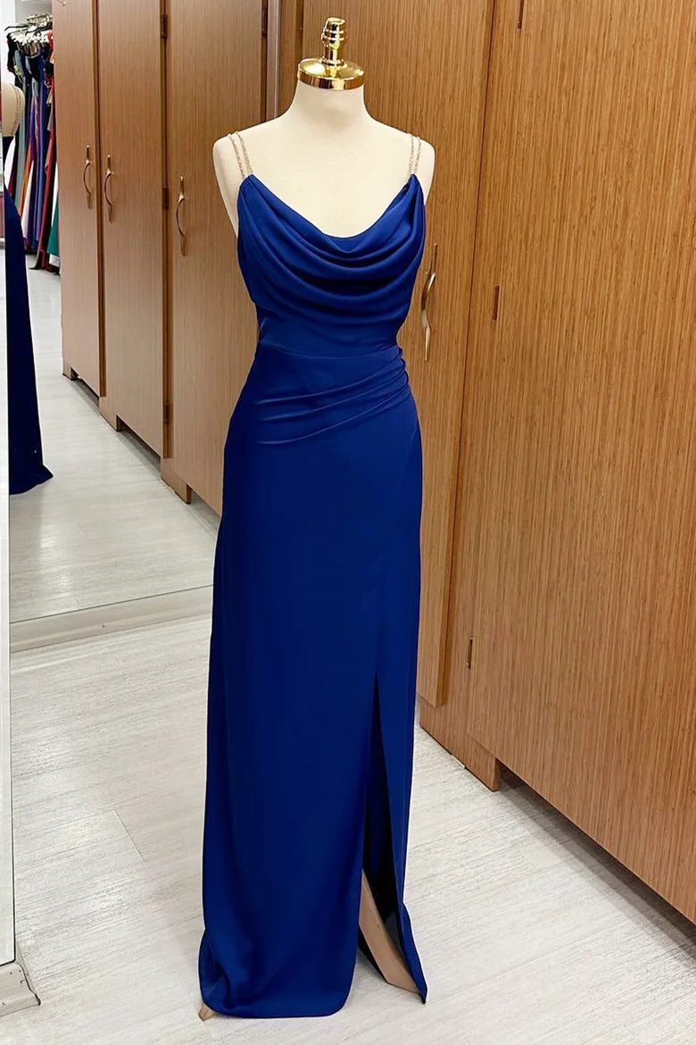 Rich Royal Blue Beaded Spaghetti Straps Cowl Neck Side Draped Ruched High Slit Satin Mermaid Long Bridesmaid Dress AB063
