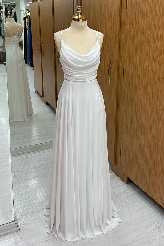 Pure White Spaghetti Straps Cowl Neck A-Line Long Bridesmaid Dress AB065