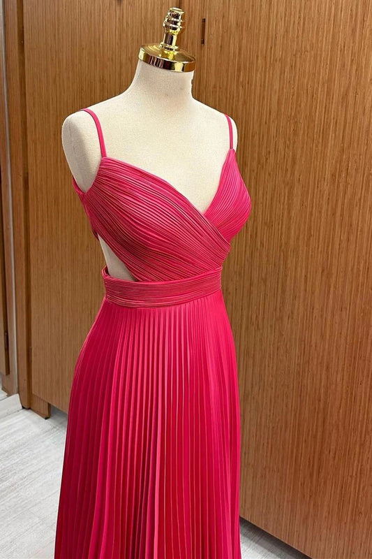 Vibrant Hot Pink Spaghetti Straps V Neck Cutout Waist Pleated Chiffon A Line Long Bridesmaid Dress AB066