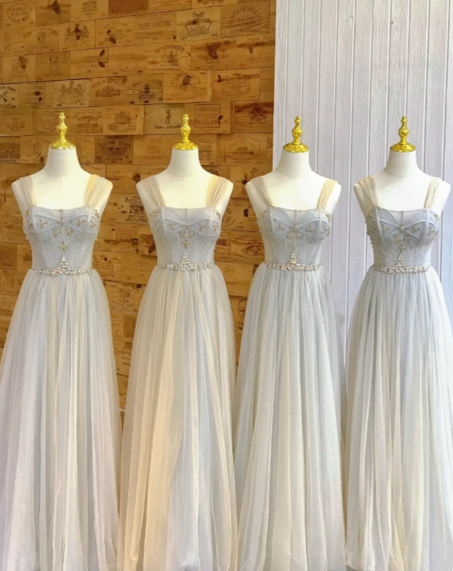 Elegant Pale Gray Wide Sheer Straps Beaded Bodice Rhinestone Waist A Line Tulle Long Bridesmaid Dress AB076