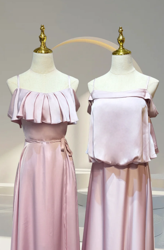 Elegant Pink Multi-Style Set Halter Neck Bow / Wide Strap Cowl Neck / Spaghetti Strap Satin A Line Long Bridesmaid Dress AB077