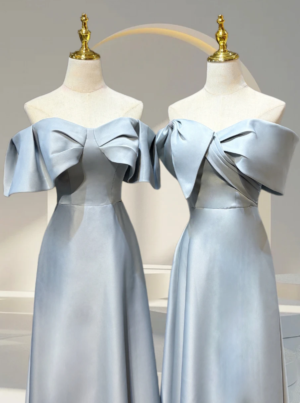 Romantic Dusty Blue Set Strapless /Off Shoulder Bow Satin A Line Long Bridesmaid Dress AB078