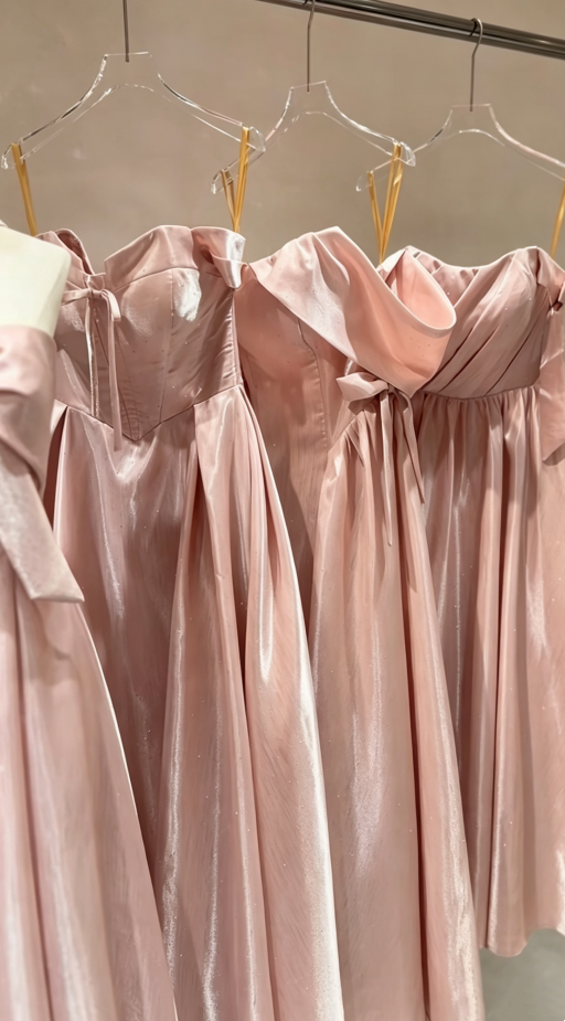 Glitter Pink Multi-Style Set Strapless/Off Shoulder A-Line Satin Long Bridesmaid Dress AB079
