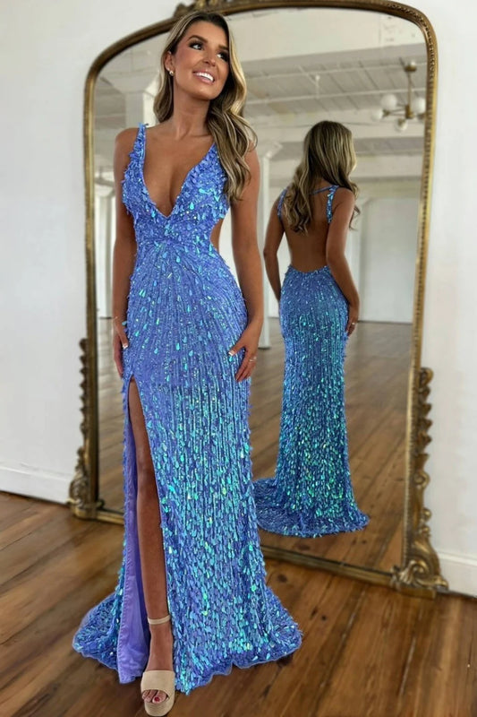 Fully Beaded Sheath Gold Prom Dress with Deep V Neck Slit and Open Back AD001