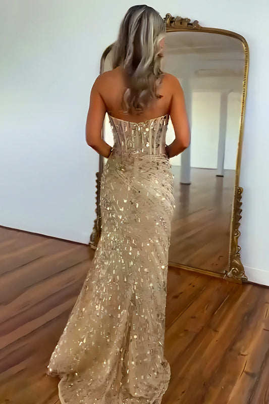 Sweetheart Mermaid Sequins Prom Dress with High Slit Long Evening Dress AD002
